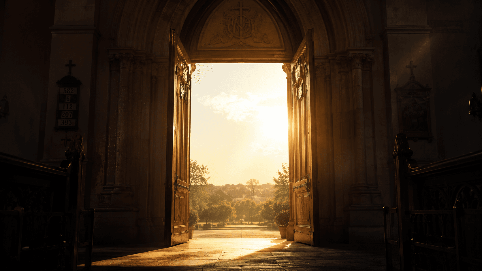 Sunlight streaming through an open cathedral door