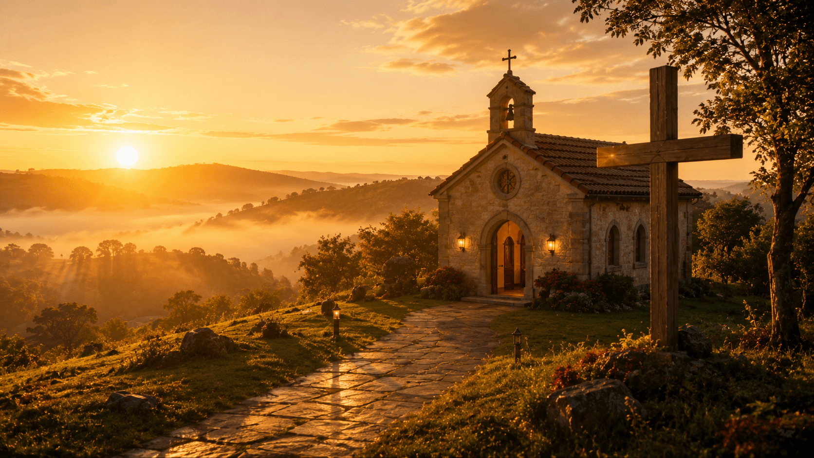 Sunrise over a hillside chapel