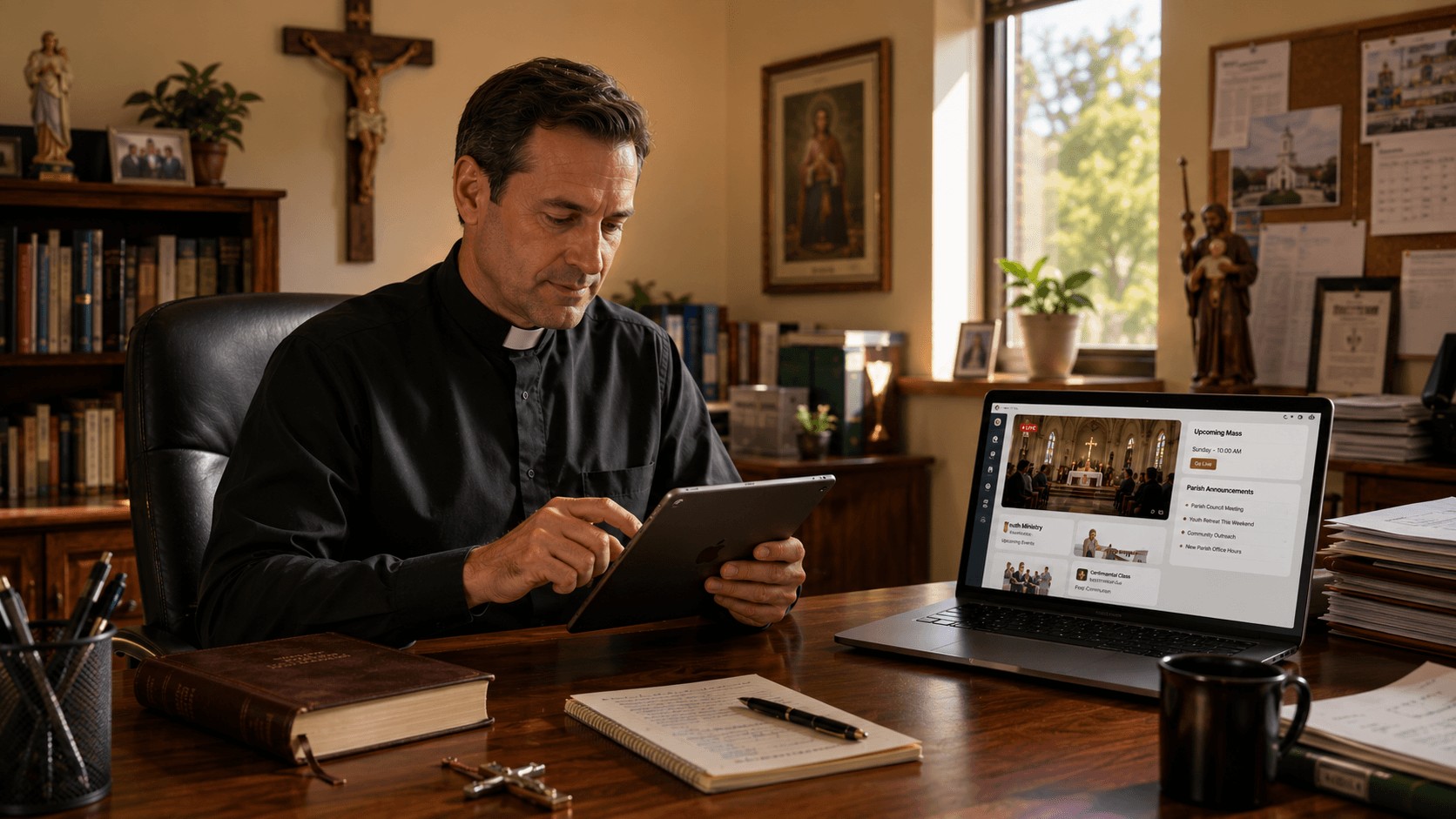 A priest using a tablet to livestream Mass to his parish